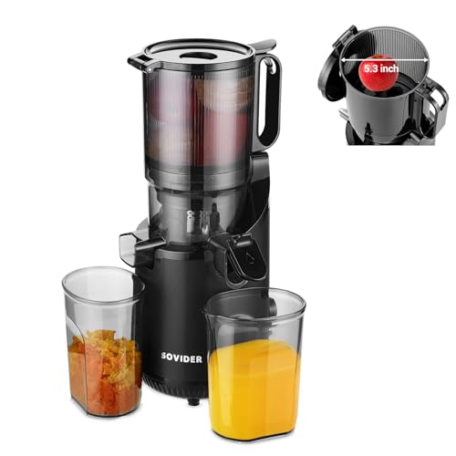 SOVIDER Cold Press Juice Machines 5.3' Extra Large Feeding Chute for Whole Fruits & Vegetables -Slow Masticating Juicer High Juice Yield, Easy Clean Self Feeding Effortless for Batch Juicing (Black)