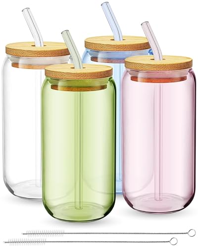 fullstar Glass Cups with Lids and Straws - Drinking Glasses, Glass Tumbler with Straw and Lid, Iced Coffee Cups, Glass Coffee Cups with Bamboo Lids (4 Pack, Multicolor, No Sleeves)