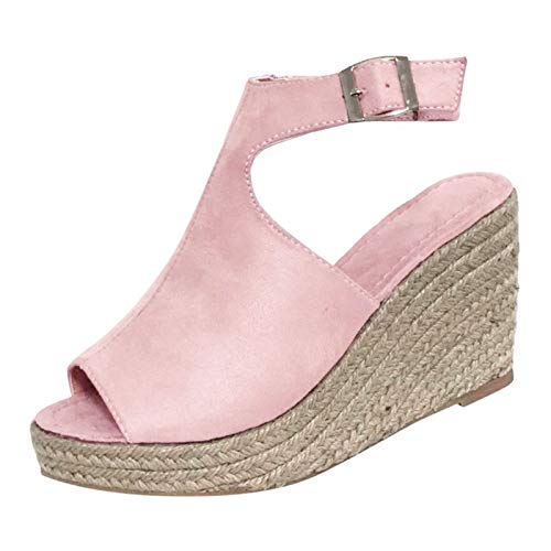 JEUROT Wedge Sandals for Women Peep Toe Espadrille Wedges Sandal Ankle Strap Slingback Platform Braided Heels Roman Shoes (Pink, 8)