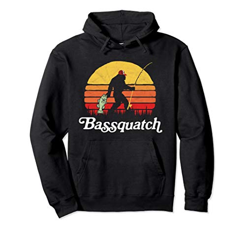Bassquatch! Funny Bigfoot Fishing Outdoor Retro Pullover Hoodie, Long Sleeve