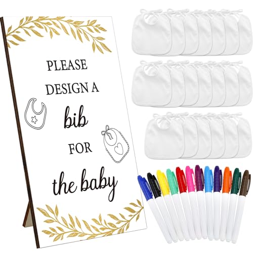 Panitay 43 Pcs Baby Shower Games White Baby Bibs Design Games, Include Wooden Baby Shower Game Sign with 30 Blank White Bibs for Baby Decorating 12 Marker for Baby Shower Gender Reveal (Golden Leaf)