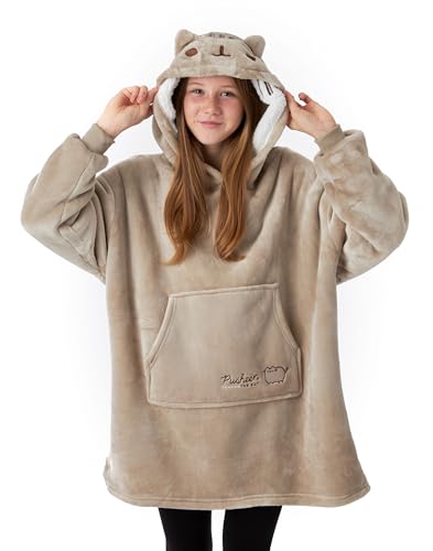 Pusheen Girls Wearable Hooded Blanket | Young Ladies Embroidered Cat Fleece Hoodie in Brown | Cozy Loungewear Gift