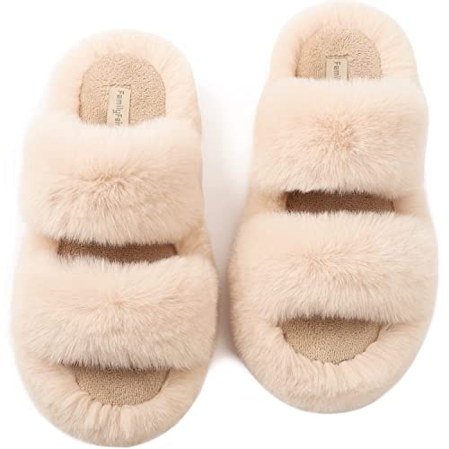 FamilyFairy Women's Fluffy Faux Fur Slippers Comfy Open Toe Two Band Slides with Fleece Lining and Rubber Sole (Middle / 7-8, Beige)
