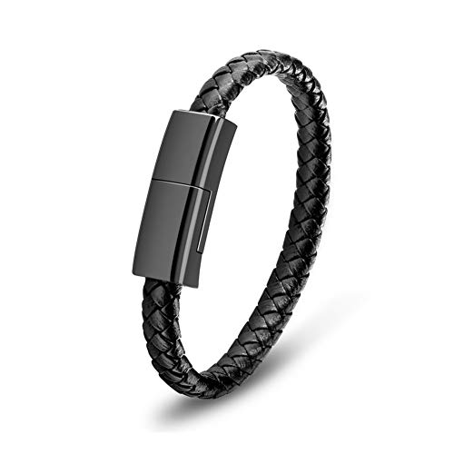 Aqonsie USB Charging Bracelet Cable Fashion Portable Braided Leather Wrist Data Charger Cord, Perfect Valentine's Day/Birthday/Thanksgiving Day Gift for Your Family Lovers Friends Black (L 8.2')