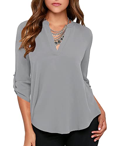 roswear Women's Chiffon V-Neck Business Casual Blouse Work Tops with Cuffed Sleeves Grey Large