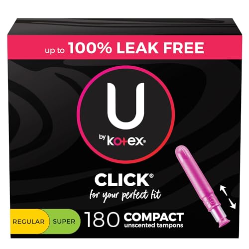 U by Kotex Click Multipack Tampons, Compact, Regular/Super Absorbency, Unscented, 180 Count (6 Packs of 30) (Packaging May Vary)
