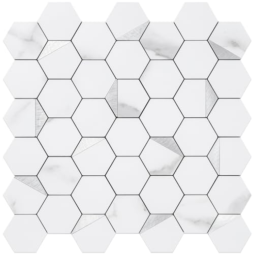 DICOFUN 10-Sheet Hexagon Tile Peel and Stick Backsplash, White Marble Look PVC Mixed Silver Metal Mosaic Tiles for Kitchen and Bathroom