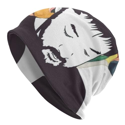 LOUNDY Nujabes Knit Hat Cuffed Beanie Hat Pullover Hat for Men and Women Slouchy Printed Skull Cap Black