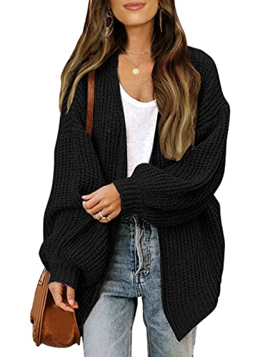 MEROKEETY Women's 2024 Fall Open Front Long Lantern Sleeve Cardigan Oversized Chunky Outwear with Pocket Black