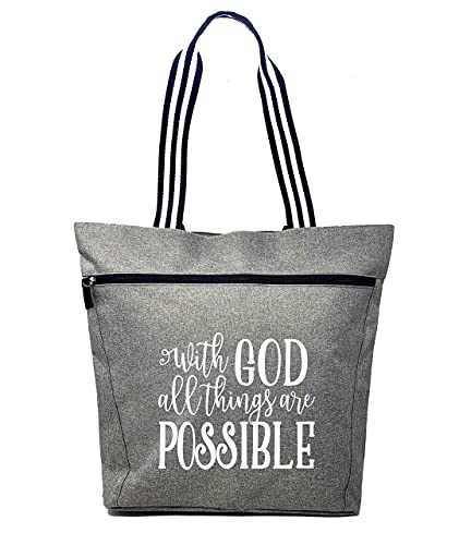 Brooke & Jess Designs Large Inspirational Zippered Tote Bag for Women - (With God Gray)