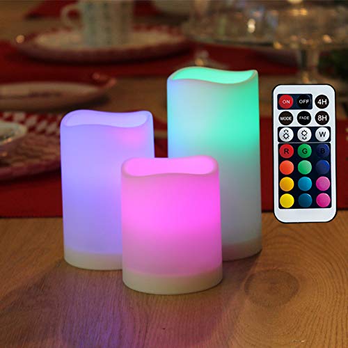 WRalwaysLX Flameless Candles with Timer, Colour Changing LED Candles with Remote Control,Battery Candles Outdoor and Indoor Home Decor, Set of 3, 2.5' D X H3/4/5 by 3AAA Batteries(not Included)