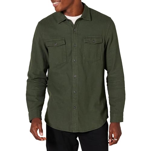 Amazon Essentials Men's Slim-Fit Long-Sleeve Two-Pocket Flannel Shirt, Olive Heather, Large