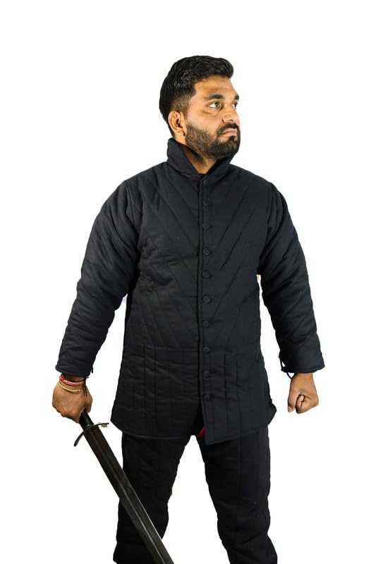 THE MEDIEVALS Medieval Thick Padded Half Length Full Sleeves Gambeson Coat with Lagging Aketon Armor, Cotton Fabric, Black - Medium
