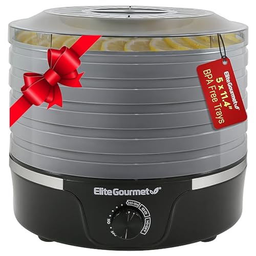 Elite Gourmet EFD319DKG Food Dehydrator, 5 BPA-Free 11.4' Trays Adjustable Temperature Controls, Jerky, Herbs, Fruit, Veggies, Dried Snacks, Black and Grey