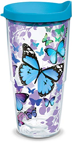 Tervis Plastic Blue Endless Butterfly Insulated Tumbler with Wrap and Turquoise Lid, 24oz, Clear