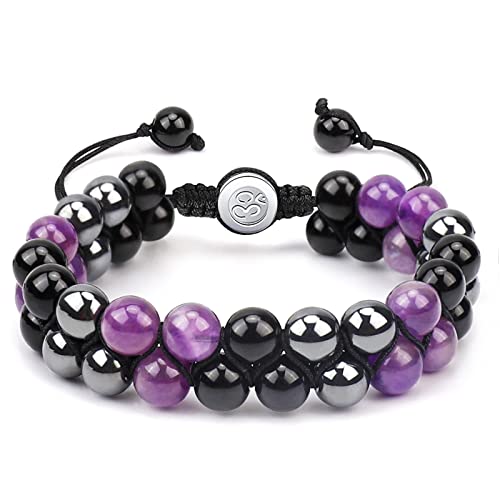 Triple Protection Bracelet, Handmade Bracelets for Men Women, Bead Bracelets Amethyst Black Obsidian Hematite, Protection Bracelet 8mm Natural Stone Crystal Bracelets for Healing Protection& Balance
