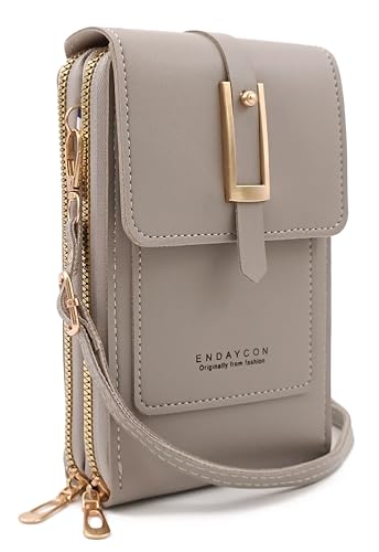 Anti-theft Leather Cell Phone Crossbody Bag Grey Handbags for Women Shoulder Bag Screen Touch Cell Phone Purse with Cards Slots Ladies Women's Wallet with Double Zippers Flap Closure