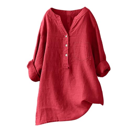 3/4 Sleeve Tee Shirts,Lightning Deals of Today Prime by Hour,Summer Linen Shirts for Women 2024 Casual Trendy V Neck Dressy Blouses 3/4 Length Sleeve Solid Color Button Tunic Tops,Red,3X-Large
