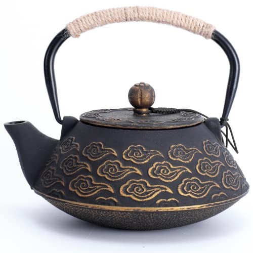 MILVBUSISS Cast Iron Teapot, Japanese Tea Pot with Infuser for Loose Leaf, Tea Kettle Stovetop Safe Coated with Enameled Interior, Clouds Pattern 27oz, 800ml Black