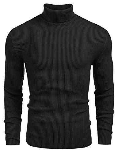 COOFANDY Men's Ribbed Slim Fit Knitted Pullover Turtleneck Sweater, Large, Black