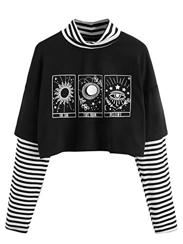 SweatyRocks Women's Color Block Butterfly Print Striped Long Sleeve Crop Top T Shirt Graphic Black White M