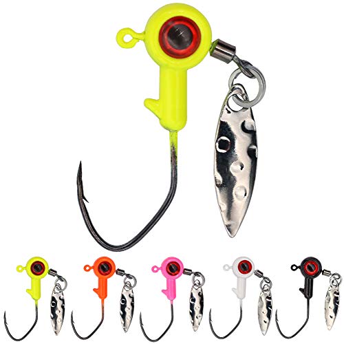 XFISHMAN Crappie-Jigs-Heads-Kit 1/8 1/16 1/32oz 50 Pack Ice Fishing Jigs Lead Head Jig Hook Lure (1/16 oz, Big Eye Jigheads-W/Spinner)