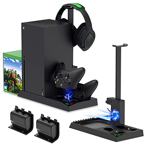 MENEEA Charging Stand with Cooling Fan for Xbox Series X Console and Controller,Vertical Dual Charger Station Dock Accessories with 2 x 1400mAh Rechargeable Battery and Cover Storage (Black)