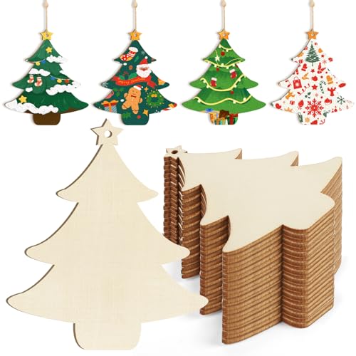 Wooden Christmas Tree Ornaments to Paint Christmas Thanksgiving Decoration Cutouts Unfinished 24PCS 3.5 x 3 inches, DIY Blank Unfinished Christmas Tree Wood Discs Ornament for Home Crafts Hanging