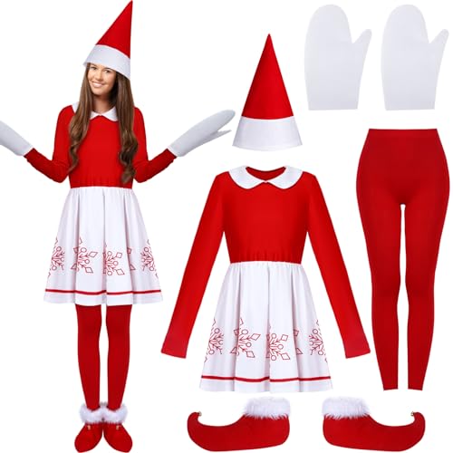 Seematn 5 Pcs Christmas Elf Costume for Women Red Santa Elf Helper Snowflakes Dress Outfit Gloves Hat Leggings Elf Shoes(Women, Medium)