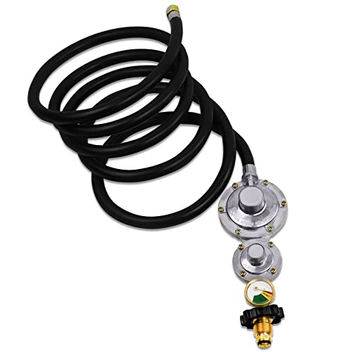 Azdele Upgraded Two Stage Propane Regulator with 10ft Hose and Gauge, Standard P.O.L Tank Connection, 3/8in Female Flare Fitting for Grill, Heaters, Fire Pit, Gas Generator/Stove/Range-CSA Certified