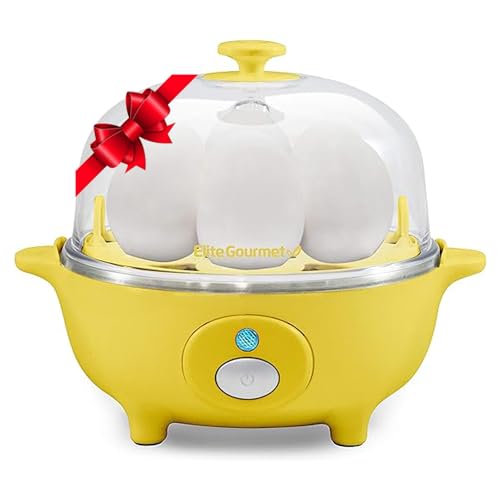 Elite Gourmet EGC-007Y# Rapid Egg Cooker, 7 Easy-To-Peel, Hard, Medium, Soft Boiled Eggs, Poacher, Omelet Maker, Auto Shut-Off, Alarm, 16-Recipe Booklet, Yellow