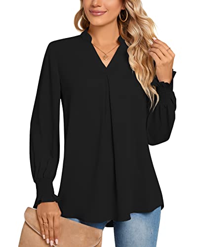 Anyhold Womens Blouses Fashion 2022 Long Sleeve V Neck Loose Casual Shirts Chiffon Tops with Smocked Cuffs Large, Long-Black