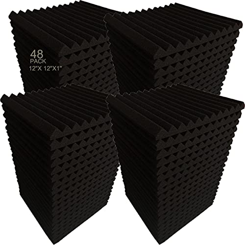 48 Pack Black 12 'X 12 'X1' Acoustic Panels Studio Soundproofing Foam Wedge Tiles,