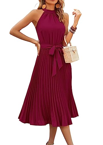 KIRUNDO Women's 2023 Summer Sleeveless Halter Neck Pleated Midi Cocktail Dresses A Line Flowy Beach Sun Dress with Belt(Wine Red, X-Large)