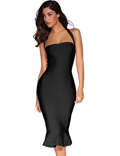 Womens Halter Fishtail Bandage Party Dress Elegant Wedding Guest Dress(Black,S)