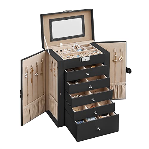 SONGMICS 6 Tier Jewelry Box, Jewelry Case with 5 Drawers, Large Storage Capacity, with Mirror, Lockable, Jewelry Storage Organizer, Gift for Loved Ones, For Watches, Christmas Gifts, Black UJBC152B01