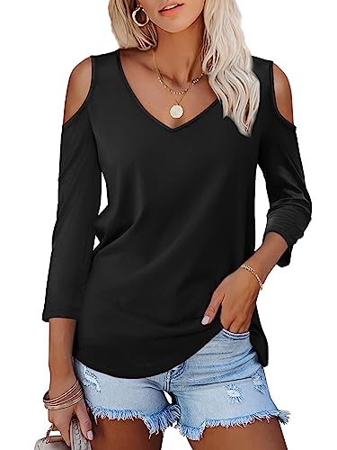 Amoretu Womens Casual Cold Shoulder Tops 3/4 Sleeves Blouses Tee Shirt Black XXL