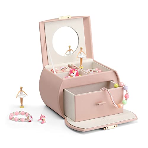 Vlando Ballerina Music Jewelry Box Organizer, Leather Necklaces Rings Hair-Rings Storage Case Holder, Gift for Kids Girls, Pink