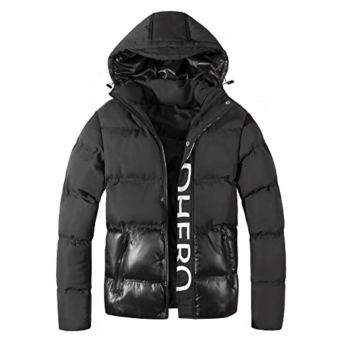 MADHERO Men's Puffer Jacket Water-Resistant Insulated Down Alternative Outerwear Coats Black with Logo L