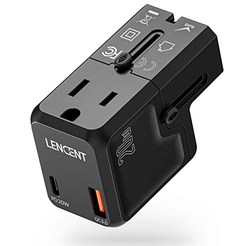 International Travel Power Adapter, LENCENT Mini All-in-One Charger, PD 20W&QC 3.0 Type-C Wall Charger, European Plug Adaptor, Universal Outlet Converter, for US to UK, Japan, EU Europe, Type A/I/G/C