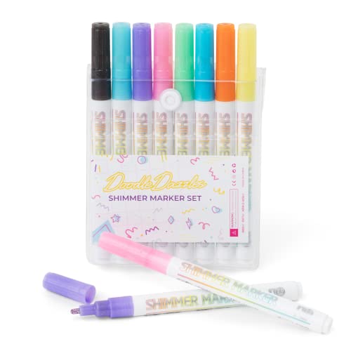 DoodleDazzles Shimmer Markers Set - Double Line Outliner Marker - Metallic Pens - Gifts for Girls, Boys, Kids, Women, etc. - School Supplies Great For Drawing, Christmas, DIY, Craft, & more - 8 count