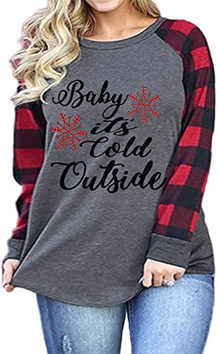 Plus Size Baby It's Cold Outside Christmas T Shirt Women Long Sleeve Plaid Splicing Tops Blouse Size XXXL Gray