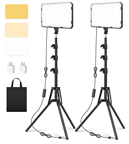 2 Pack LED Video Photography Lighting Kit with 62.99'' Tripod Stand, Unicucp 2500-8500K Dimmable Studio Streaming Light for Video Recording Filming, Live Game YouTube, Portrait Shooting, USB Charger