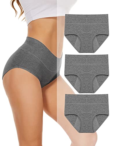 PULIOU Period Underwear for Women Heavy Flow High Waisted Menstrual Panties Teens Cotton Postpartum Hipster 3 Pack Grey S