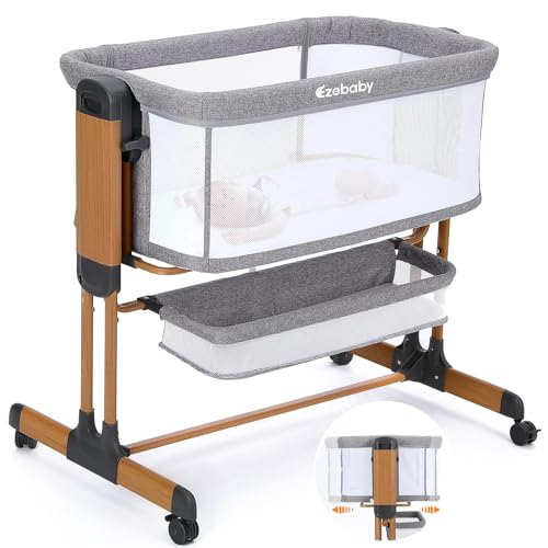 Ezebaby Baby Bassinet, Rocking Bassinet for Baby, Bedside Bassinet with Wheels,Storage Basket,Adjustable 7 Heights and All Mesh Sides, Portable Baby Bassinets Bedside Sleeper for Newborn Infant