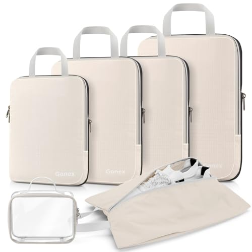 Gonex Compression Packing Cubes, Expandable Storage Travel Luggage Bags Organizers with Shoe Bag, Clear Toiletry Bag (Cream)