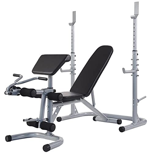 Signature Fitness Powergainz Elegainz EGZ-3000 Adjustable Olympic Workout Bench with Squat Rack, Leg Extension, Preacher Curl, and Weight Storage, 800-Pound Capacity, Grey
