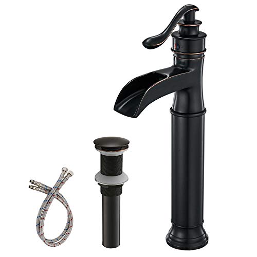 BWE Waterfall Spout Oil Rubbed Bronze Single Handle One Hole Bathroom Sink Vessel Faucet ORB Lavatory Faucets Deck Mount Tall Body Commercial