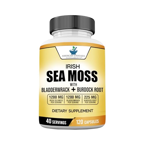 American Standard Supplements Irish Sea Moss 1200mg, Bladderwrack 1200mg and Burdock Root 225mg Per Serving - Vegan, Gluten Free, Non-GMO, 120 Capsules, 40 Servings