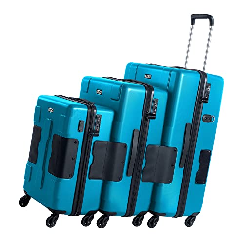 Tach Hard Shell 3 Piece Connecting Luggage Set Suitcases with Wheels, Fastener Panels, and Electronic Charging Port for Travel, Sky Blue